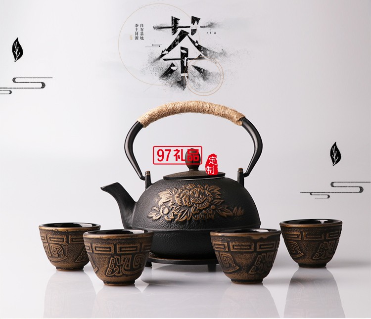 翻砂鐵壺+四個(gè)中鐵杯+墊叉包裝 定制茶具 定制logo