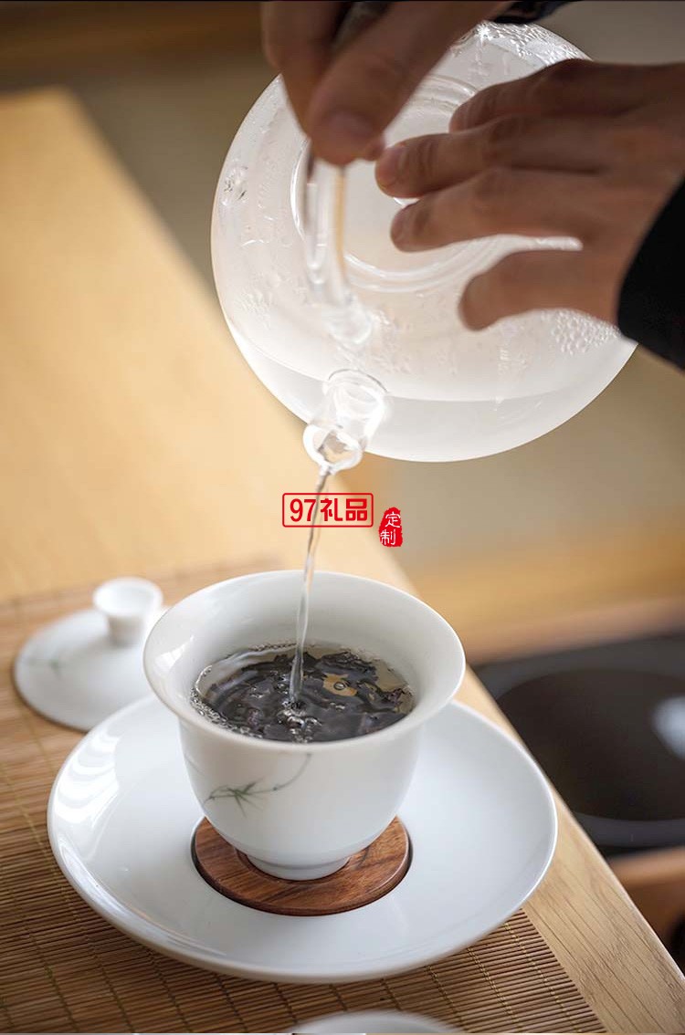 景德鎮(zhèn)青竹功夫茶具套裝 純手繪釉下彩整套白瓷陶瓷蓋碗茶杯