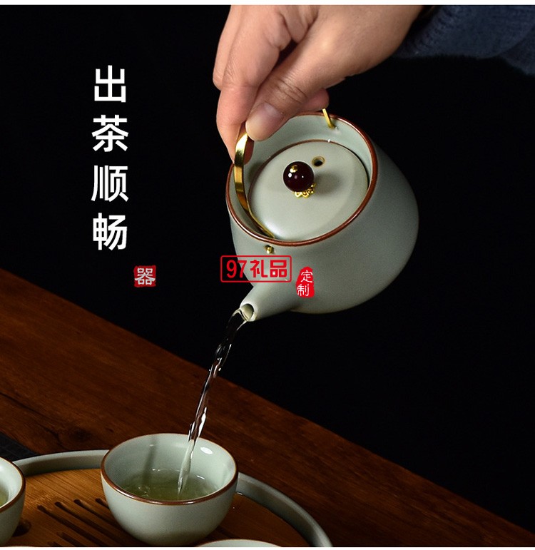 汝窯茶具套裝家用茶壺蓋碗茶杯單杯開片仿古汝瓷功夫茶具整套禮盒